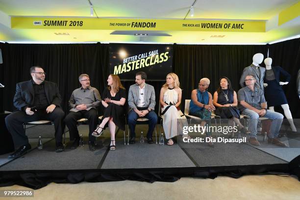 Alan Sepinwall, Vince Gilligan, Melissa Bernstein, Gordon Smith, Rhea Seehorn, Jennifer Bryan, Judy Rhee, and Marshall Adams speak onstage during the...