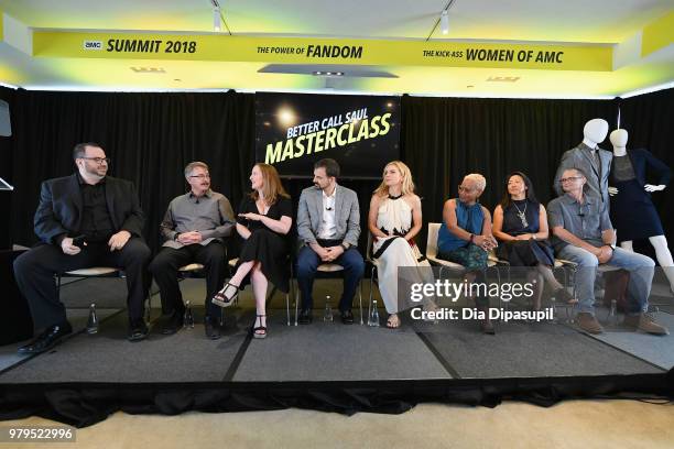 Alan Sepinwall, Vince Gilligan, Melissa Bernstein, Gordon Smith, Rhea Seehorn, Jennifer Bryan, Judy Rhee, and Marshall Adams speak onstage during the...