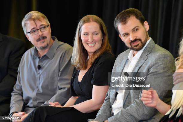 Vince Gilligan, Melissa Bernstein, and Gordon Smith speak onstage during the "Masterclass With Better Call Saul" Panel at the AMC Summit at Public...