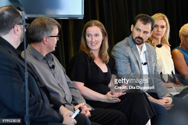 Alan Sepinwall, Vince Gilligan, Melissa Bernstein, Gordon Smith, and Rhea Seehorn speak onstage during the "Masterclass With Better Call Saul" Panel...