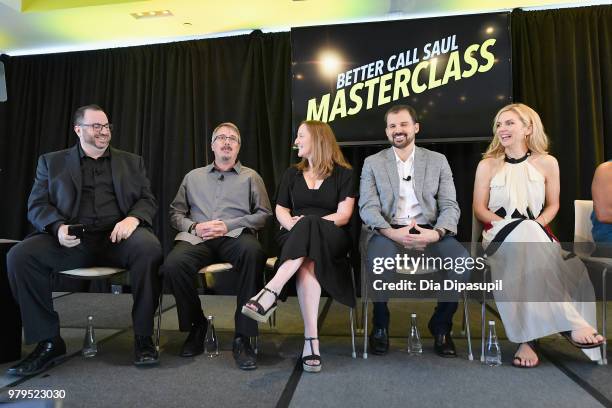 Alan Sepinwall, Vince Gilligan, Melissa Bernstein, Gordon Smith, and Rhea Seehorn speak onstage during the "Masterclass With Better Call Saul" Panel...