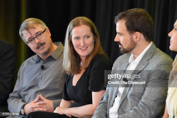 Vince Gilligan, Melissa Bernstein, and Gordon Smith speak onstage during the "Masterclass With Better Call Saul" Panel at the AMC Summit at Public...