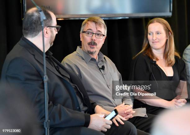 Alan Sepinwall, Vince Gilligan, and Melissa Bernstein speak onstage during the "Masterclass With Better Call Saul" Panel at the AMC Summit at Public...