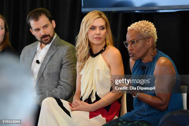 Gordon Smith, Rhea Seehorn, and Jennifer Bryan speak onstage during the "Masterclass With Better Call Saul" Panel at the AMC Summit at Public Hotel...