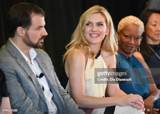 Gordon Smith, Rhea Seehorn, and Jennifer Bryan speak onstage during the "Masterclass With Better Call Saul" Panel at the AMC Summit at Public Hotel...