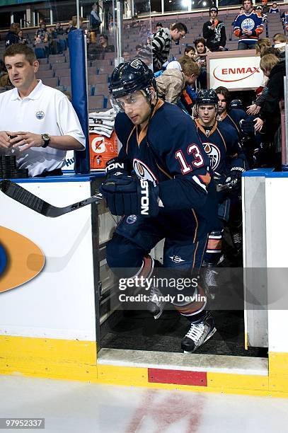 Andrew Cogliano of the Edmonton Oilers steps on to the ice for a game against the Detroit Red Wings at Rexall Place on March 19, 2010 in Edmonton,...