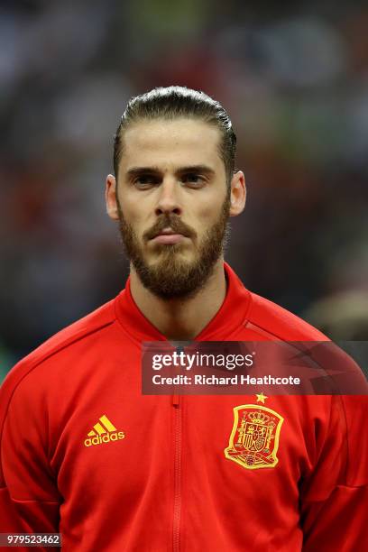 David De Gea of Spain looks on during the national anthems prior to the 2018 FIFA World Cup Russia group B match between Iran and Spain at Kazan...