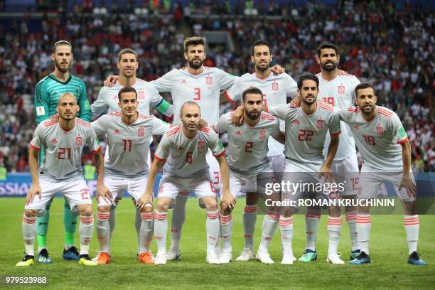 Spain's goalkeeper David De Gea, defender Sergio Ramos, defender Gerard Pique, midfielder Sergio Busquets, forward Diego Costa, forward David Silva,...