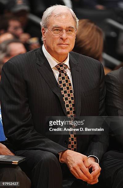 Head coach Phil Jackson of the Los Angeles Lakers looks on from the bench during the game against the Denver Nuggets on February 5, 2010 at Staples...