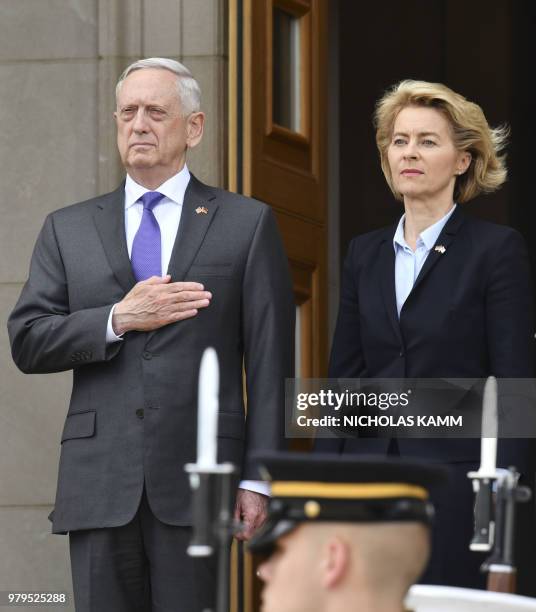Secretary of Defense James Mattis hosts an enhanced honor cordon welcoming German Minister of Defence Ursula von der Leyen at the Pentagon on June...