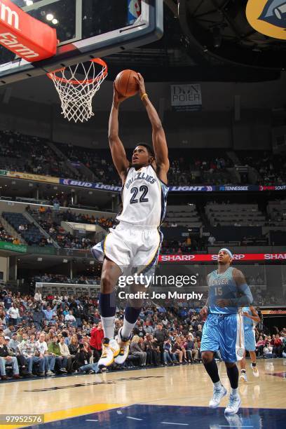 Rudy Gay of the Memphis Grizzlies dunks during the game against the Denver Nuggets at the FedExForum on March 13, 2010 in Memphis, Tennessee. The...