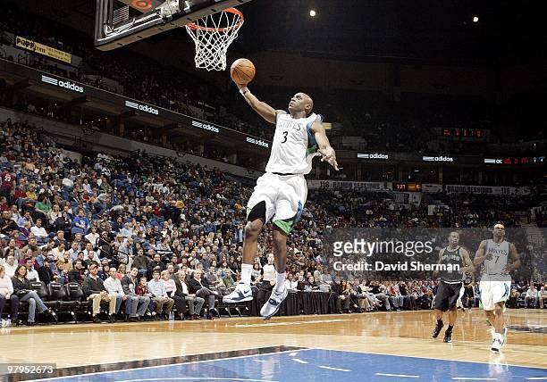 Damien Wilkins of the Minnesota Timberwolves shoots a layup during the game against the San Antonio Spurs at Target Center on March 12, 2010 in...