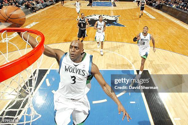 Damien Wilkins of the Minnesota Timberwolves shoots a layup during the game against the San Antonio Spurs at Target Center on March 12, 2010 in...