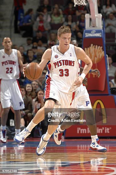 Jonas Jerebko of the Detroit Pistons drives the ball up court during the game against the Utah Jazz at the Palace of Auburn Hills on March 10, 2010...