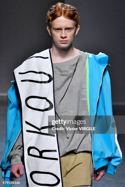 Model walks the runway at the Besfxxk fashion show during Milan Men's Fashion Week Spring/Summer 2019 on June 17, 2018 in Milan, Italy.