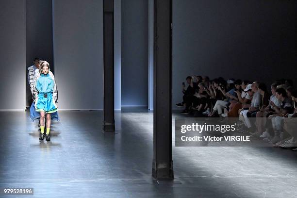 Model walks the runway at the Besfxxk fashion show during Milan Men's Fashion Week Spring/Summer 2019 on June 17, 2018 in Milan, Italy.