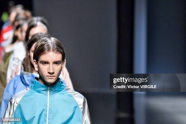 Model walks the runway at the Besfxxk fashion show during Milan Men's Fashion Week Spring/Summer 2019 on June 17, 2018 in Milan, Italy.