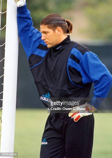 Tony Meola goal keeper for the US National Soccer team takes a break from practice at the US Training Facility circa 1994 in Mission Viejo,California.