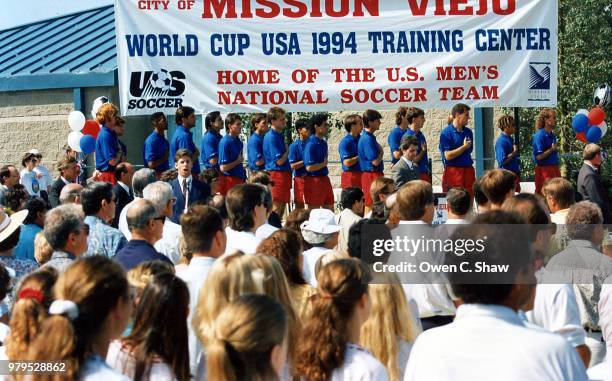 The US National Soccer team stands for the National Anthem at a ralley at the US Soccer Training Facility circa 1994 in Mission Viejo,California.