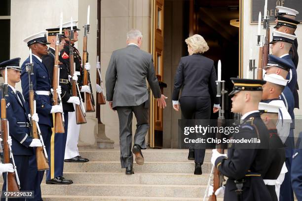 Defense Secretary James Mattis and German Defence Minister Ursula von der Leyen walk into the Pentagon June 20, 2018 in Arlington, Virginia. Von der...