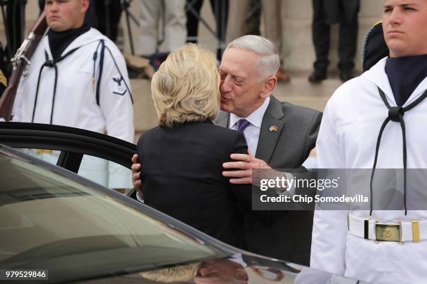 Defense Secretary James Mattis greets German Defence Minister Ursula von der Leyen outside the Pentagon June 20, 2018 in Arlington, Virginia. Von der...