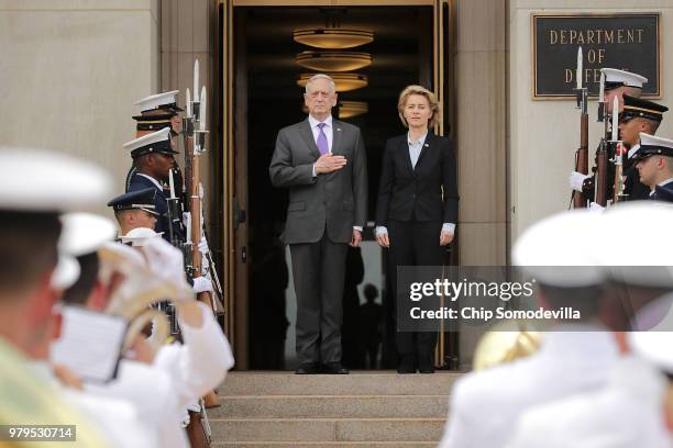 Defense Secretary James Mattis hosts German Defence Minister Ursula von der Leyen for an honor cordon ceremony outside the Pentagon June 20, 2018 in...