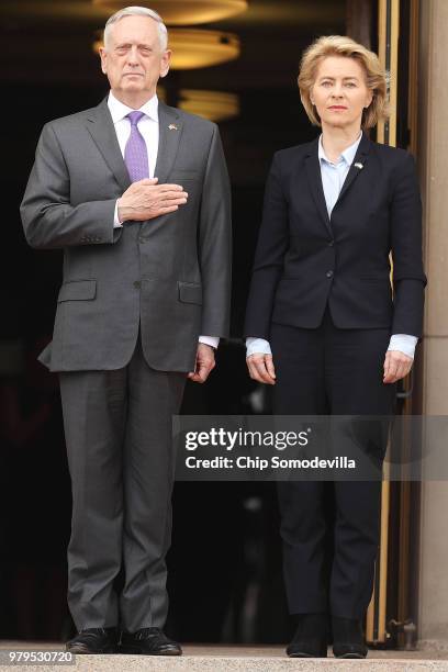 Defense Secretary James Mattis hosts German Defence Minister Ursula von der Leyen for an honor cordon ceremony outside the Pentagon June 20, 2018 in...