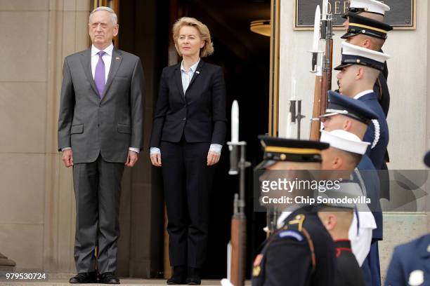 Defense Secretary James Mattis hosts German Defence Minister Ursula von der Leyen for an honor cordon ceremony outside the Pentagon June 20, 2018 in...