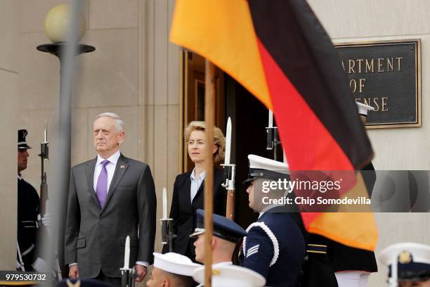 Defense Secretary James Mattis hosts German Defence Minister Ursula von der Leyen for an honor cordon ceremony outside the Pentagon June 20, 2018 in...