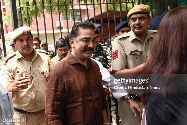 Makkal Needhi Maiam President Kamal Haasan after a meeting with Election Commission officials to formally register his party at Nirvachan Sadan on...