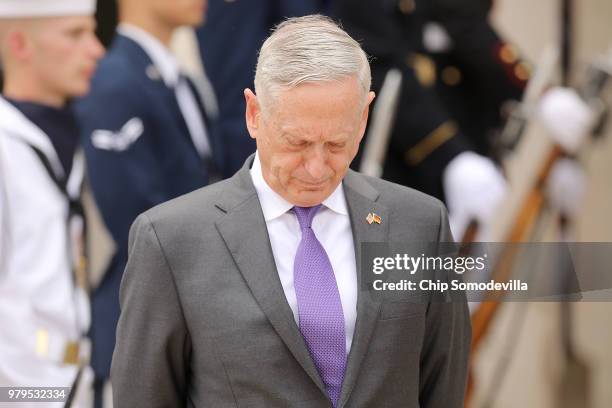 Defense Secretary James Mattis waits for the arrival of German Defence Minister Ursula von der Leyen outside the Pentagon June 20, 2018 in Arlington,...