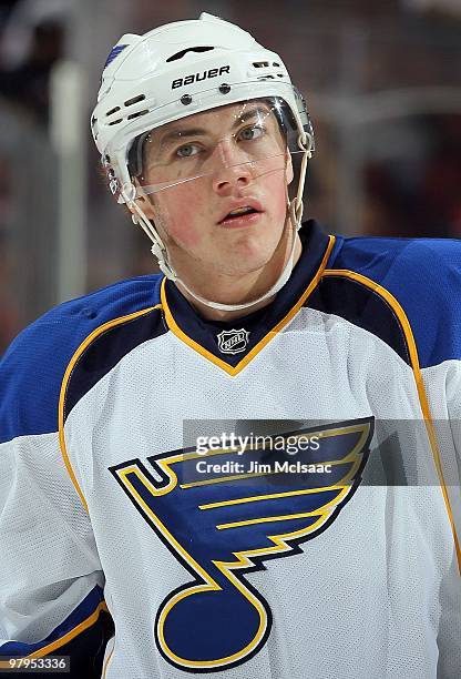 Oshie of the St. Louis Blues looks on against the New Jersey Devils at the Prudential Center on March 20, 2010 in Newark, New Jersey. The Blues...