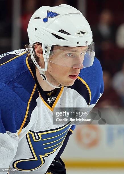 Erik Johnson of the St. Louis Blues looks on against the New Jersey Devils at the Prudential Center on March 20, 2010 in Newark, New Jersey. The...