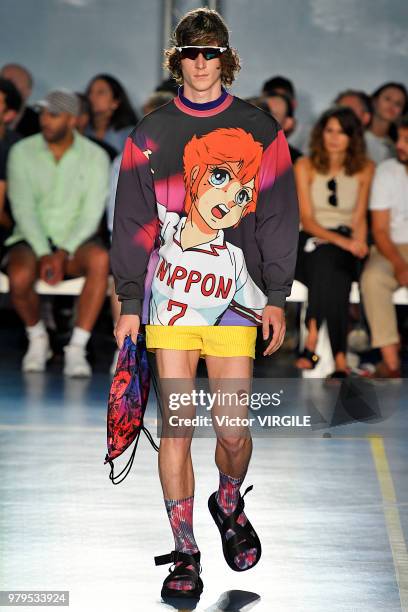 Model walks the runway at the MSGM fashion show during Milan Men's Fashion Week Spring/Summer 2019 on June 17, 2018 in Milan, Italy.
