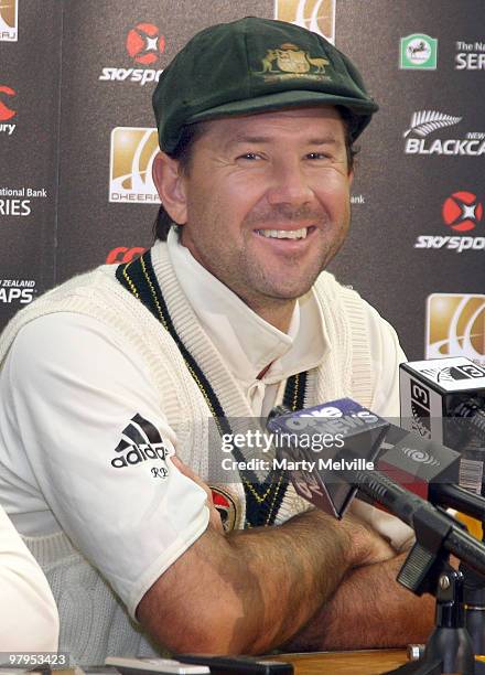 Ricky Ponting of Australia speaks at a press conference during day five of the First Test match between New Zealand and Australia at Westpac Stadium...