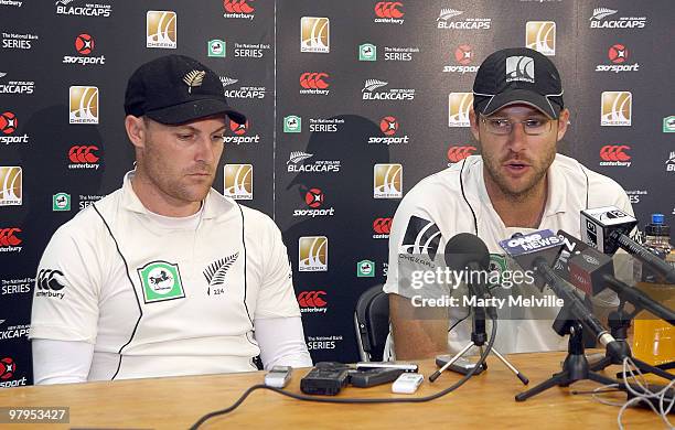 Daniel Vettori with Brendon McCullum of New Zealand speak at a press conference during day five of the First Test match between New Zealand and...