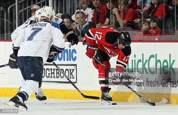 Brian Rolston of the New Jersey Devils skates against the St. Louis Blues at the Prudential Center on March 20, 2010 in Newark, New Jersey. The Blues...