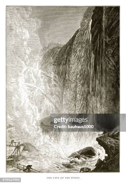 cave of the winds, niagara falls, new york, niagara falls, ontario, american victorian engraving, 1872 - niagara falls stock illustrations