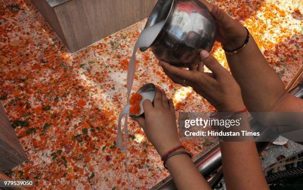 Devotees offer prayers at the Mata Kheer Bhawani Temple during its annual festival, on June 20, 2018 in Jammu, India.