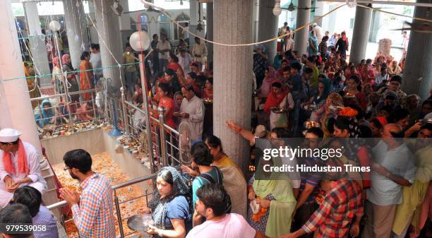 Devotees at the Mata Kheer Bhawani Temple during its annual festival, on June 20, 2018 in Jammu, India.