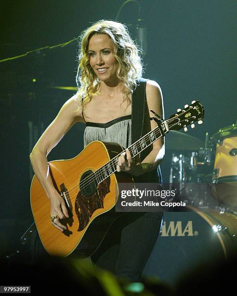 Recording artist Sheryl Crow performs at a benefit concert in celebration of World Water Day at the Hammerstein Ballroom on March 22, 2010 in New...