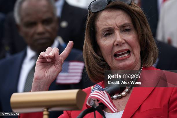 House Minority Leader Rep. Nancy Pelosi speaks as other House Democrats listen during a news conference in front of the U.S. Capitol June 20, 2108 in...