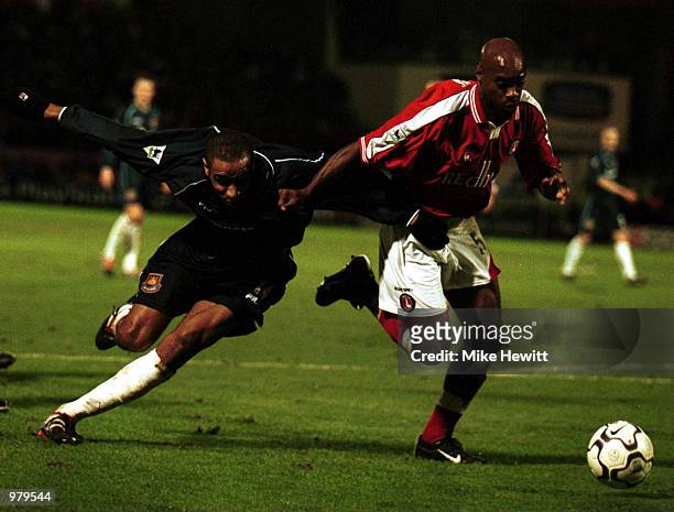 Richard Rufus of Charlton holds off the challenge of Frederic Kanoute of West Ham during the match between Charlton Athletic and West Ham United in...