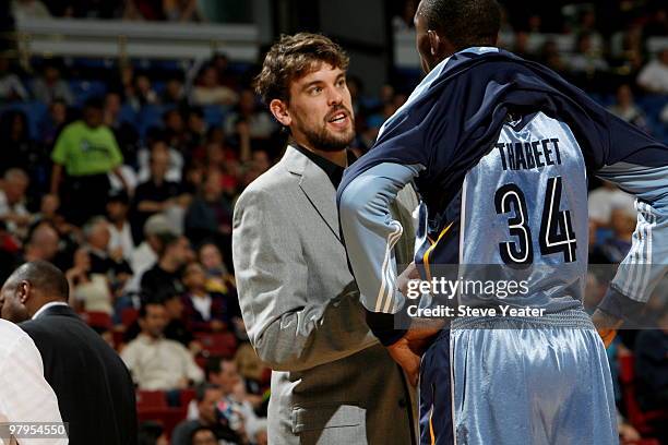 Marc Gasol talks with Hasheem Thabeet of the Memphis Grizzlies before taking on the Sacramento Kings on March 22, 2010 at ARCO Arena in Sacramento,...