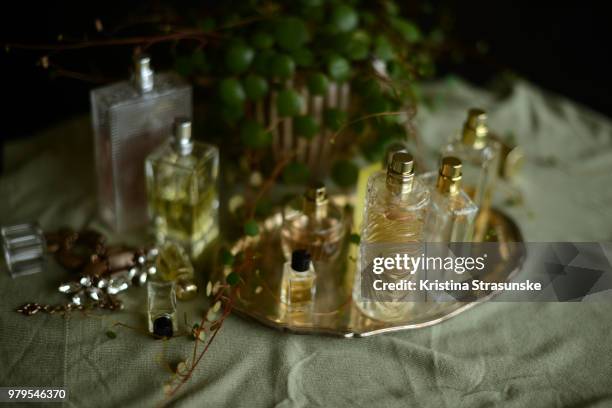 perfumes on a silver tray - kristina strasunske fotografías e imágenes de stock