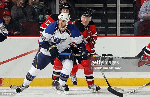 Carlo Colaiacovo of the St. Louis Blues skates against the New Jersey Devils at the Prudential Center on March 20, 2010 in Newark, New Jersey. The...