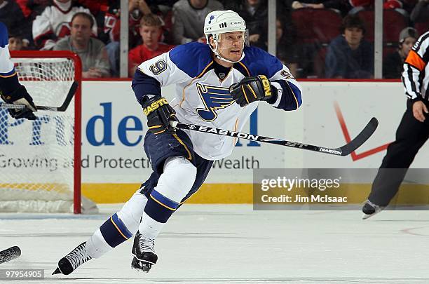 Paul Kariya of the St. Louis Blues skates against the New Jersey Devils at the Prudential Center on March 20, 2010 in Newark, New Jersey. The Blues...