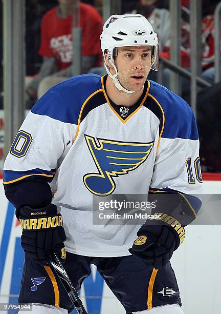 Andy McDonald of the St. Louis Blues skates against the New Jersey Devils at the Prudential Center on March 20, 2010 in Newark, New Jersey. The Blues...