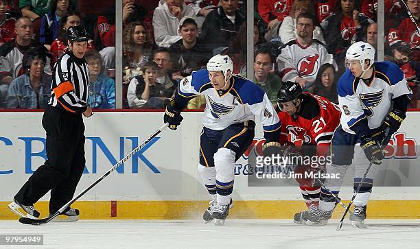 Eric Brewer of the St. Louis Blues skates against the New Jersey Devils at the Prudential Center on March 20, 2010 in Newark, New Jersey. The Blues...