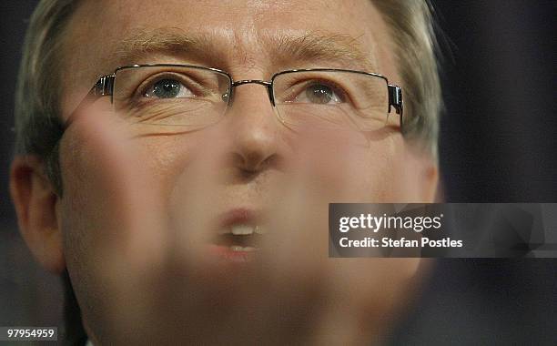 Australian Prime Minister Kevin Rudd speaks during a debate against opposition leader Tony Abbott at the National Press Club on March 23, 2010 in...